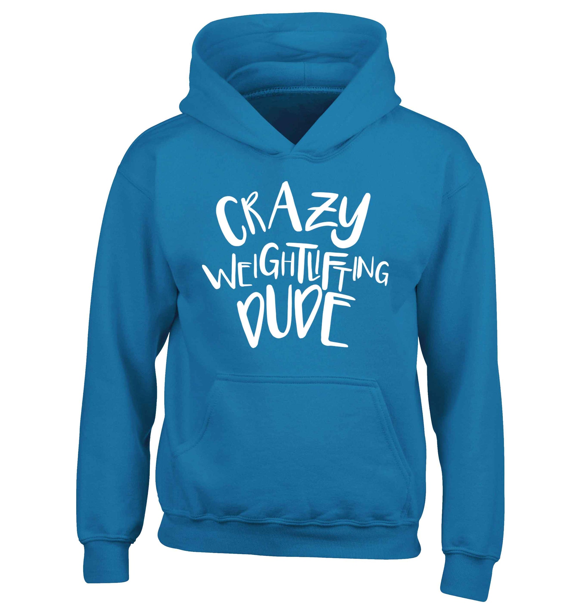 Crazy weightlifting dude children's blue hoodie 12-13 Years