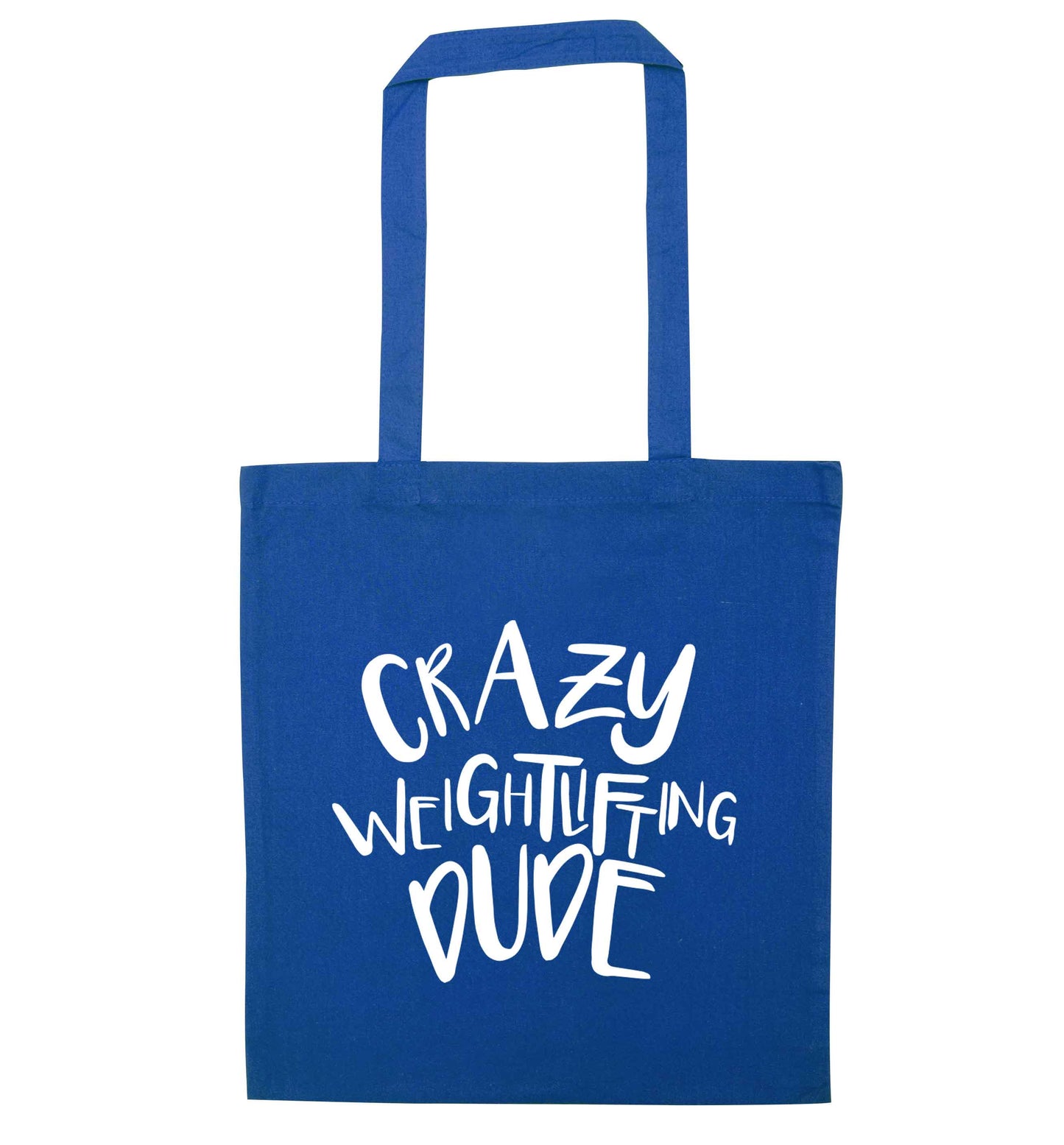 Crazy weightlifting dude blue tote bag