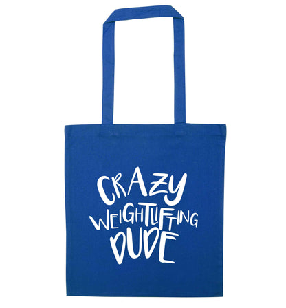 Crazy weightlifting dude blue tote bag