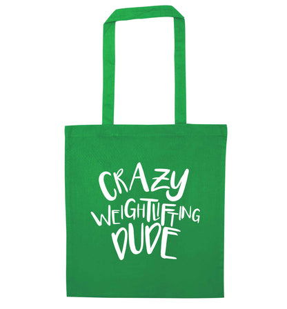 Crazy weightlifting dude green tote bag
