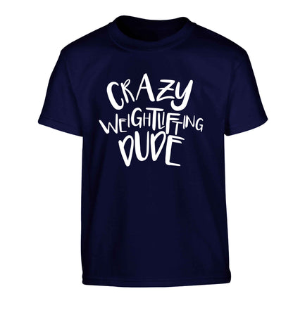 Crazy weightlifting dude Children's navy Tshirt 12-13 Years