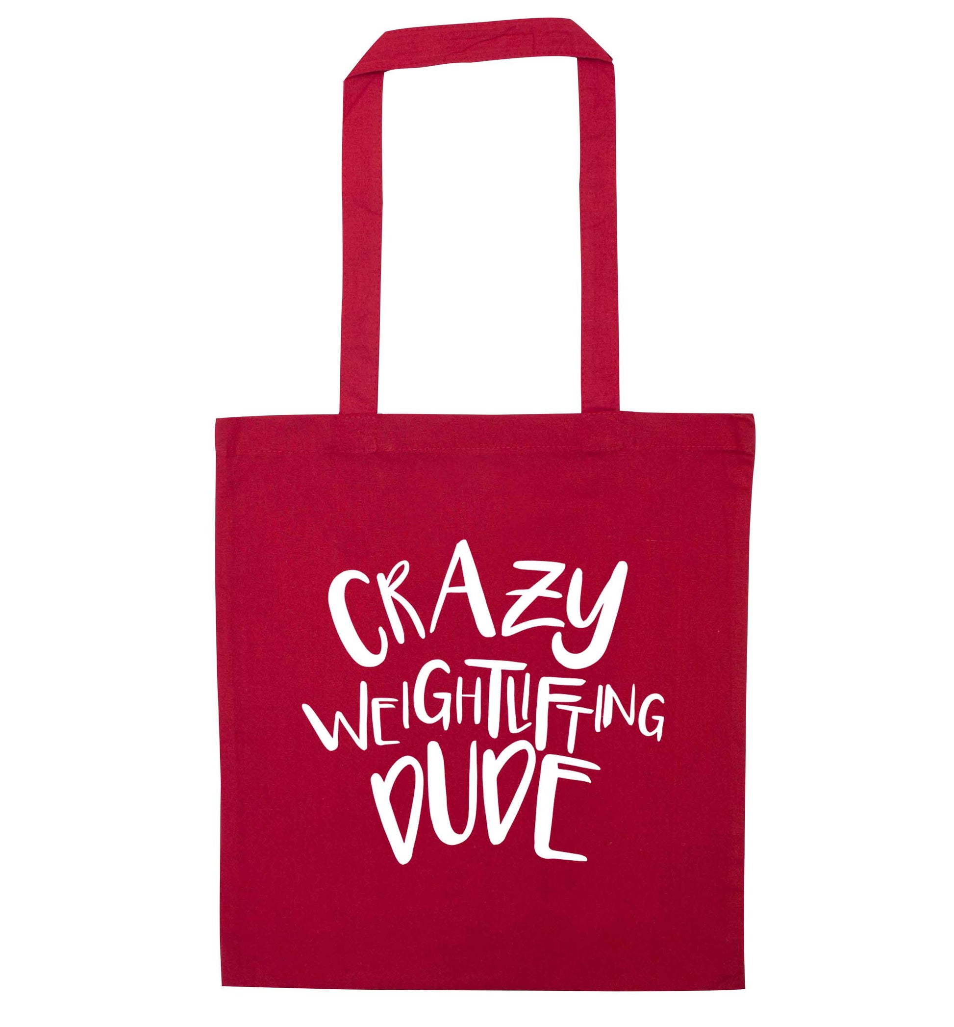 Crazy weightlifting dude red tote bag