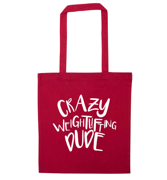 Crazy weightlifting dude red tote bag