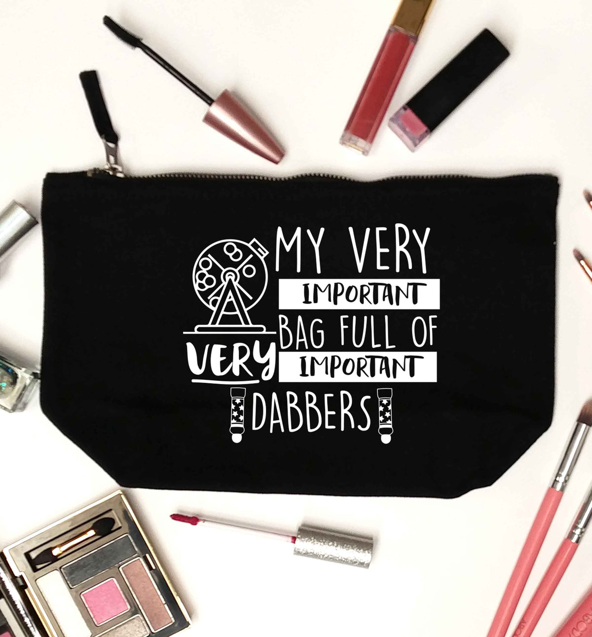 My very important bag full of very important dabbers black makeup bag