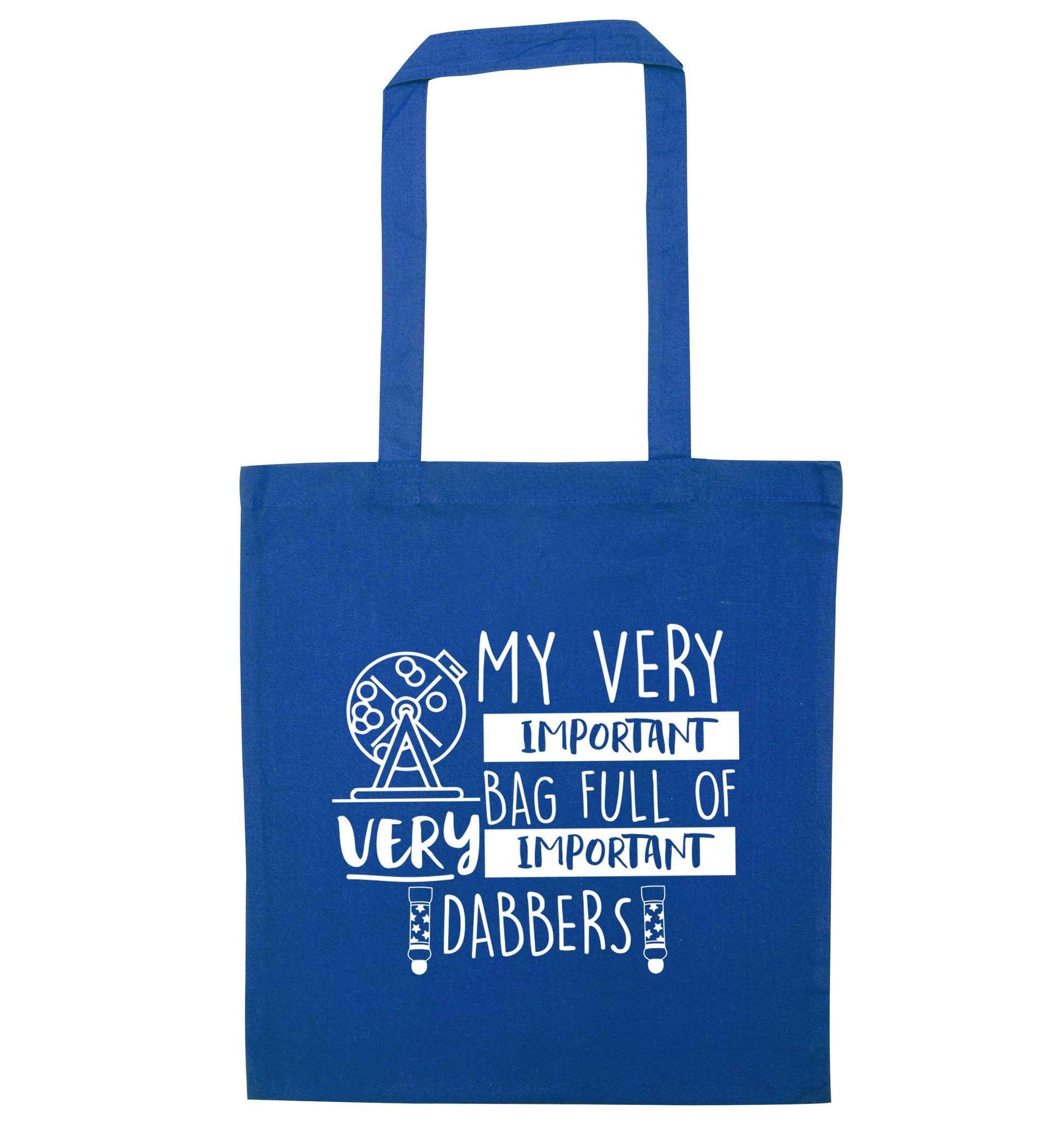 My very important bag full of very important dabbers blue tote bag