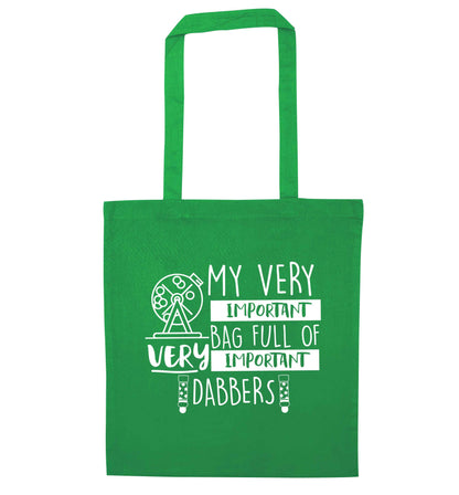 My very important bag full of very important dabbers green tote bag