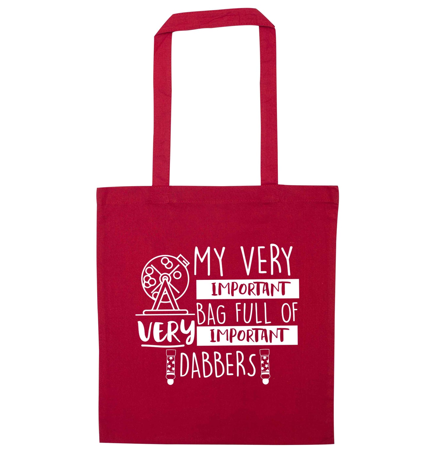 My very important bag full of very important dabbers red tote bag