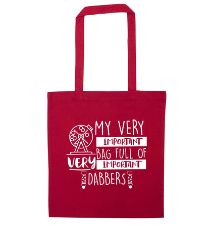 My very important bag full of very important dabbers red tote bag
