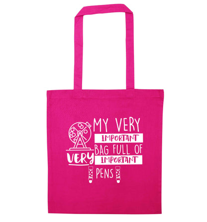 My very important bag full of very important pens pink tote bag