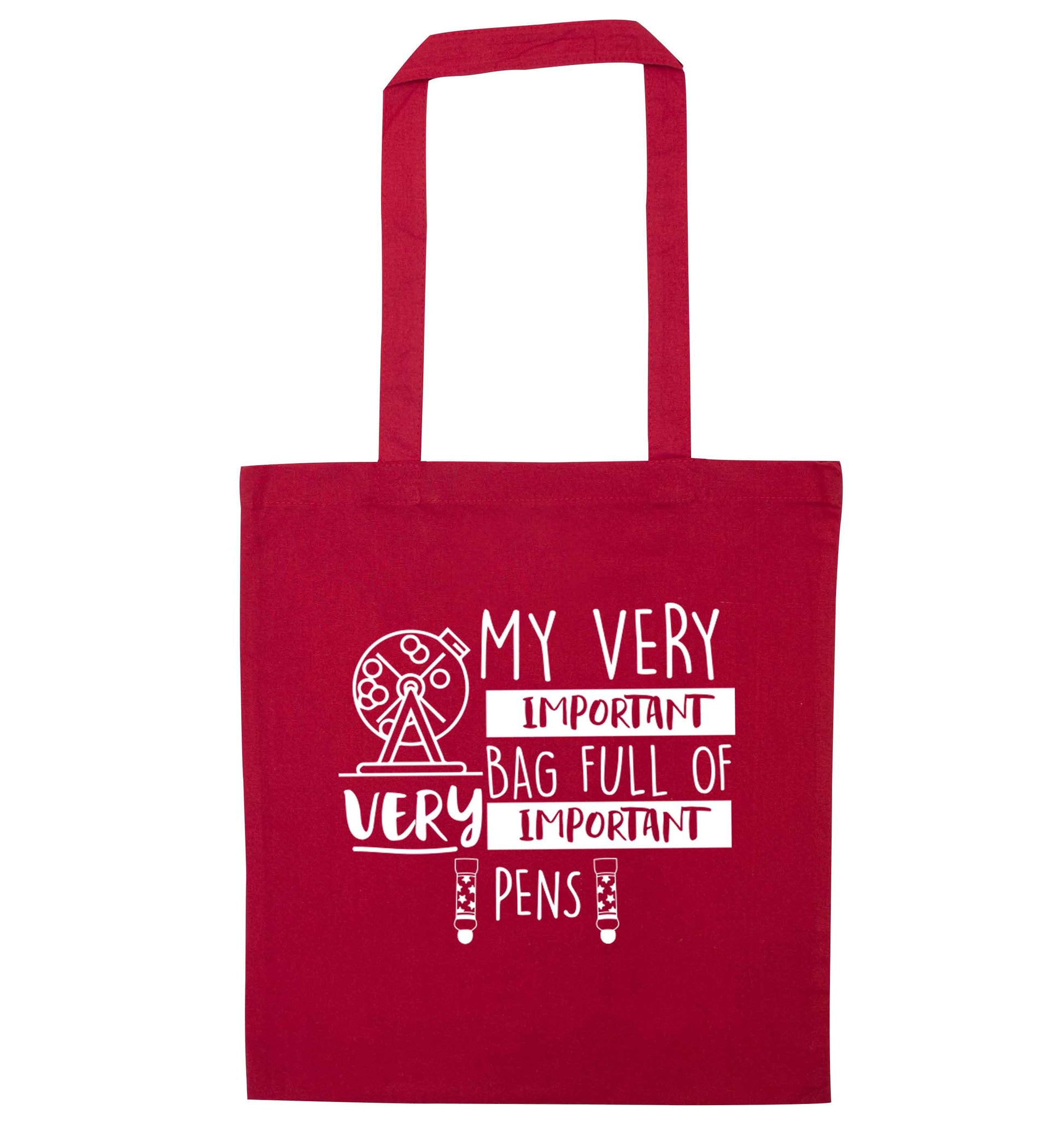 My very important bag full of very important pens red tote bag