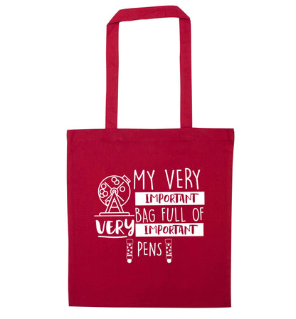 My very important bag full of very important pens red tote bag