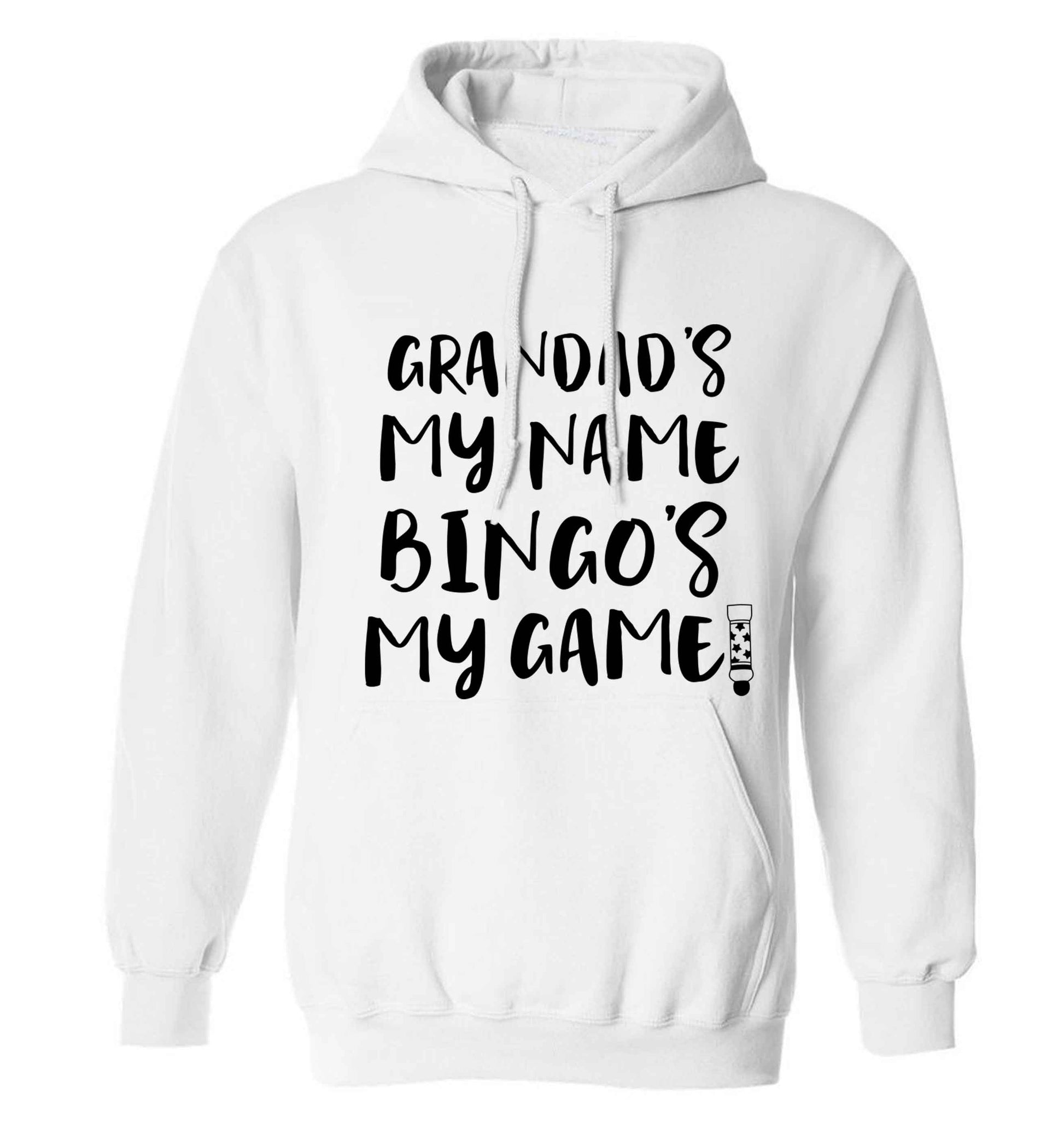 Grandad's my name bingo's my game! adults unisex white hoodie 2XL
