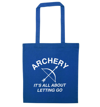 Archery it's all about letting go blue tote bag