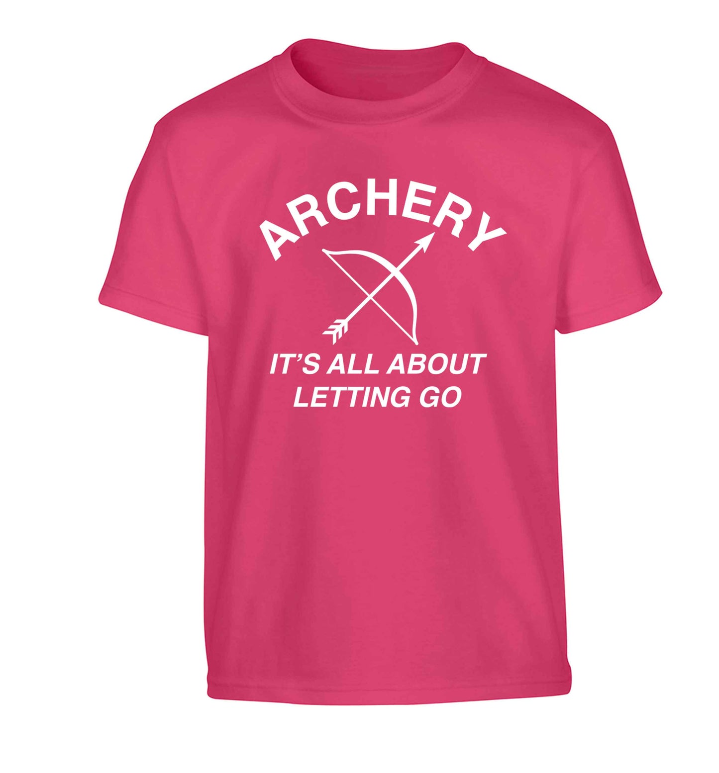 Archery it's all about letting go Children's pink Tshirt 12-13 Years