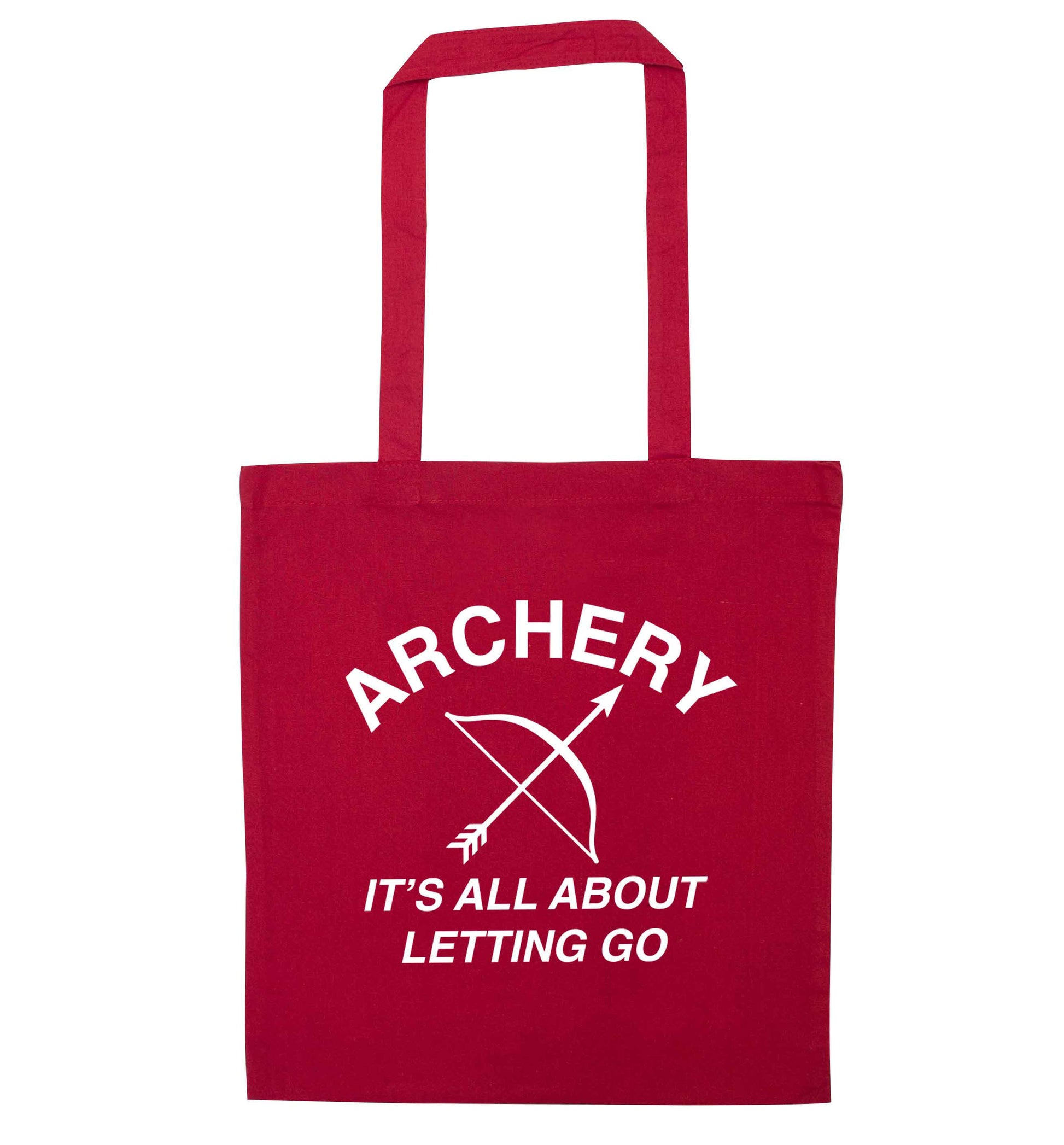 Archery it's all about letting go red tote bag