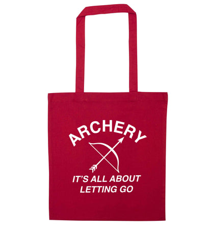 Archery it's all about letting go red tote bag