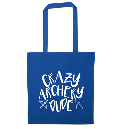 Crazy archery dude blue tote bag