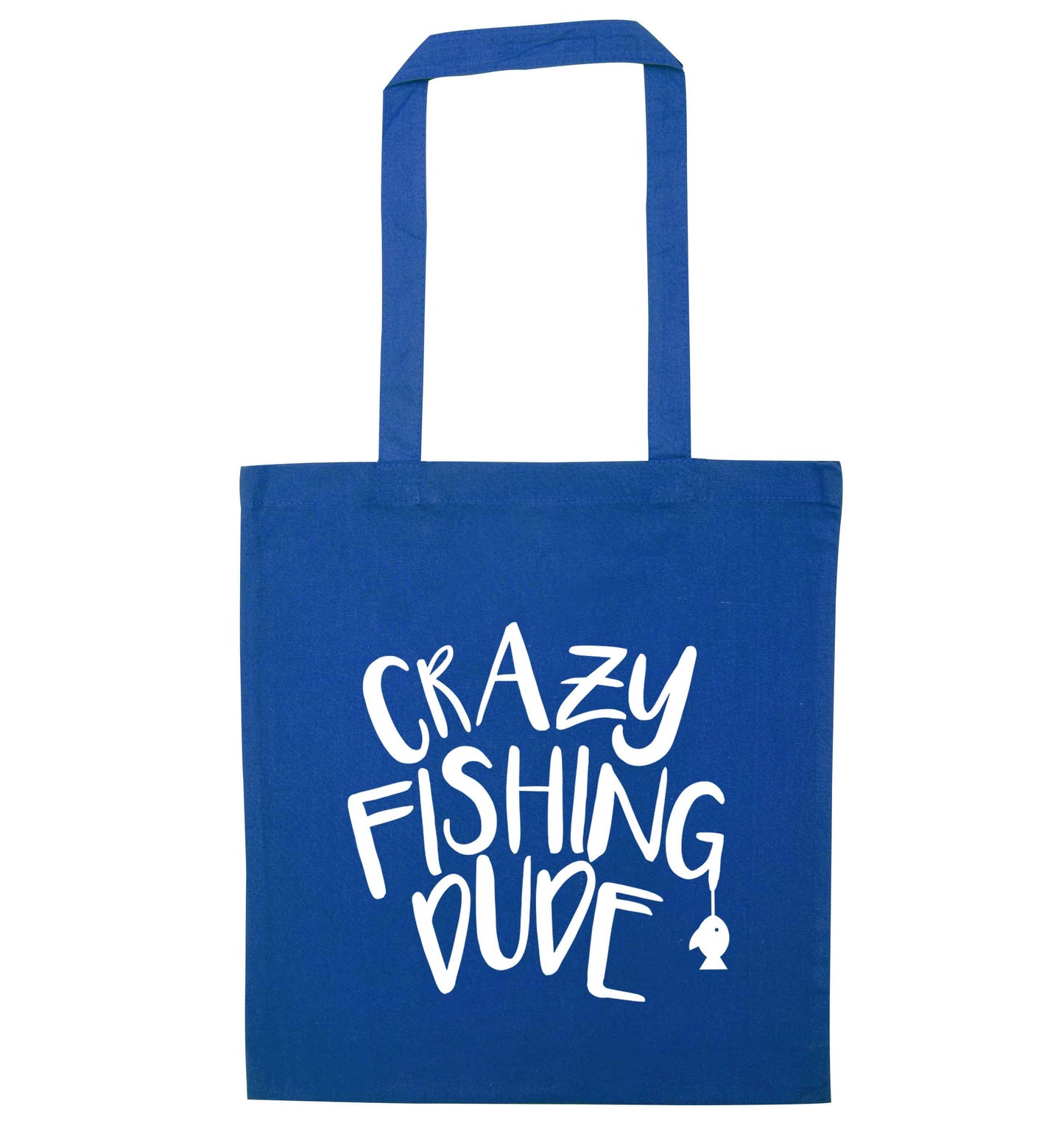 Crazy fishing dude blue tote bag