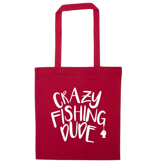 Crazy fishing dude red tote bag
