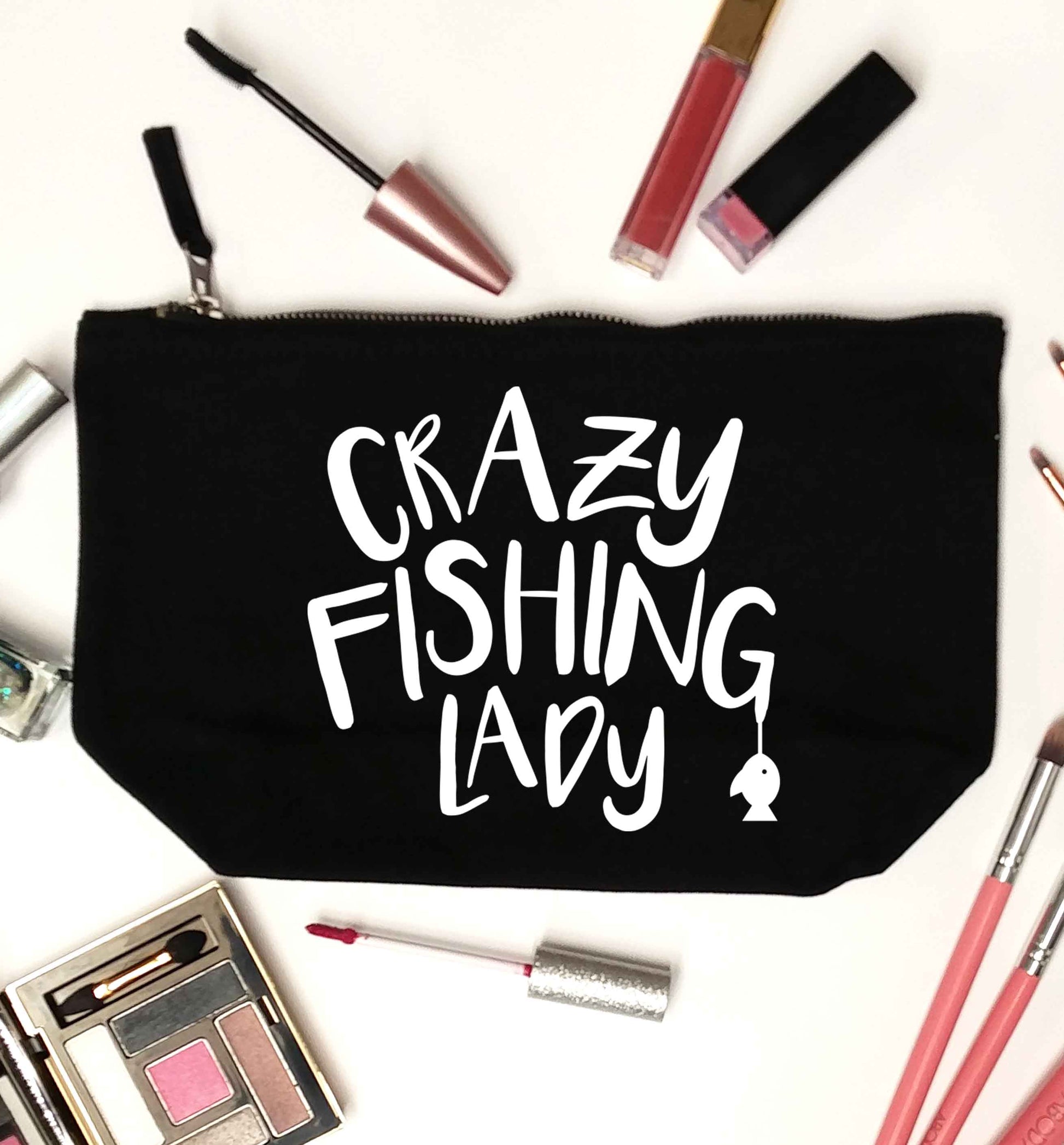 Crazy fishing lady black makeup bag
