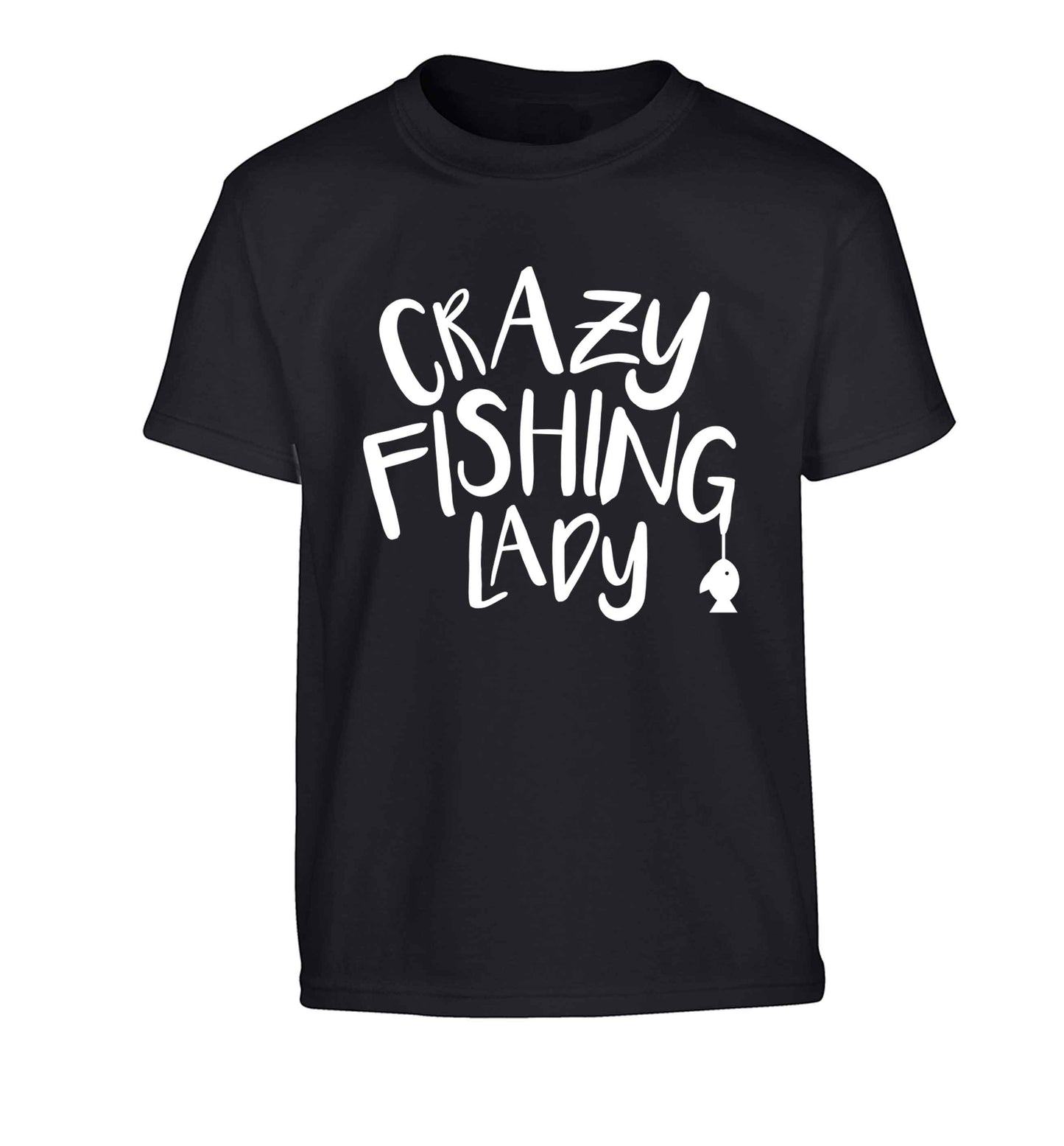 Crazy fishing lady Children's black Tshirt 12-13 Years