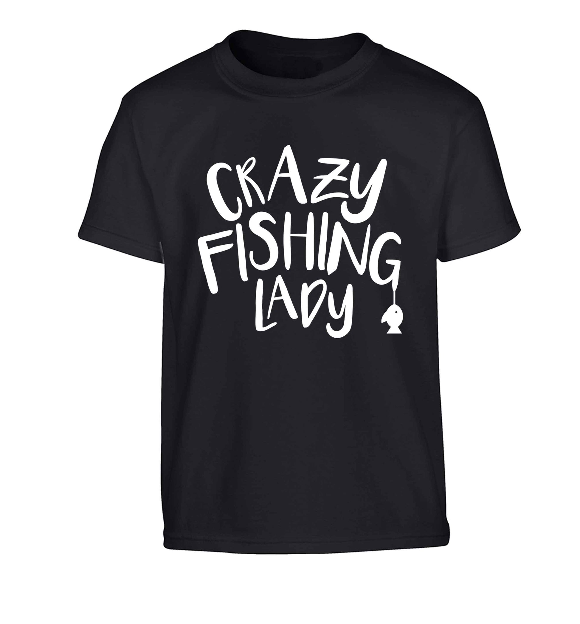 Crazy fishing lady Children's black Tshirt 12-13 Years