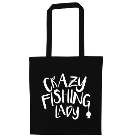 Crazy fishing lady black tote bag