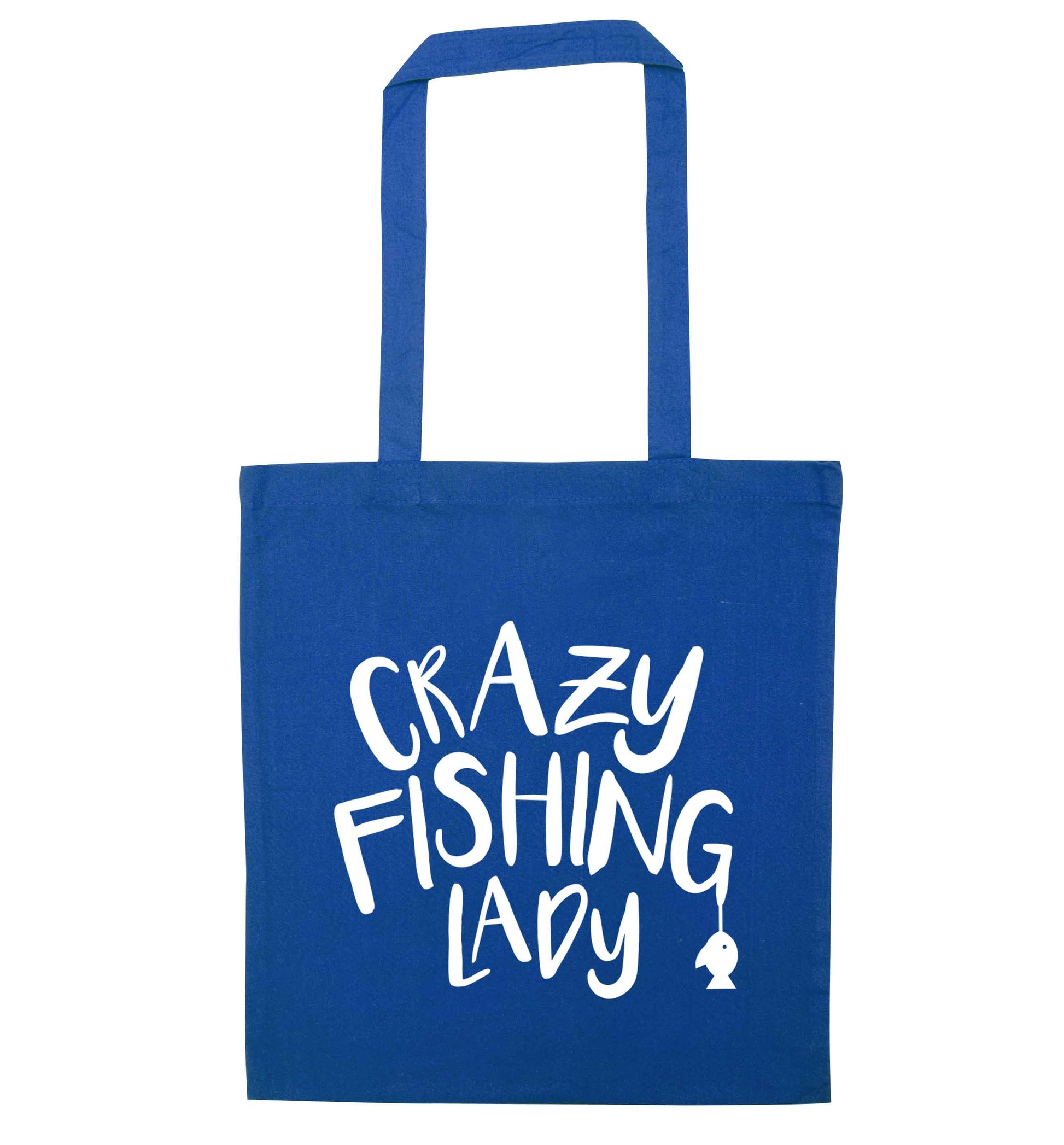 Crazy fishing lady blue tote bag