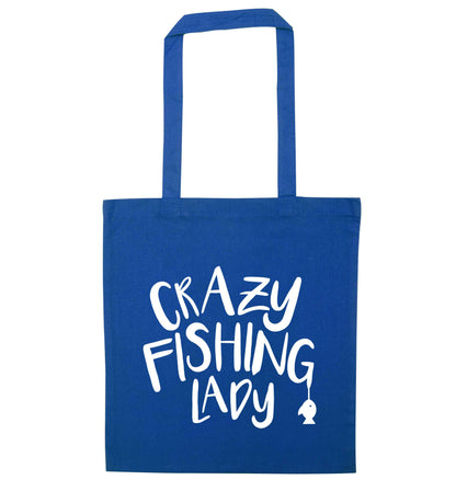 Crazy fishing lady blue tote bag