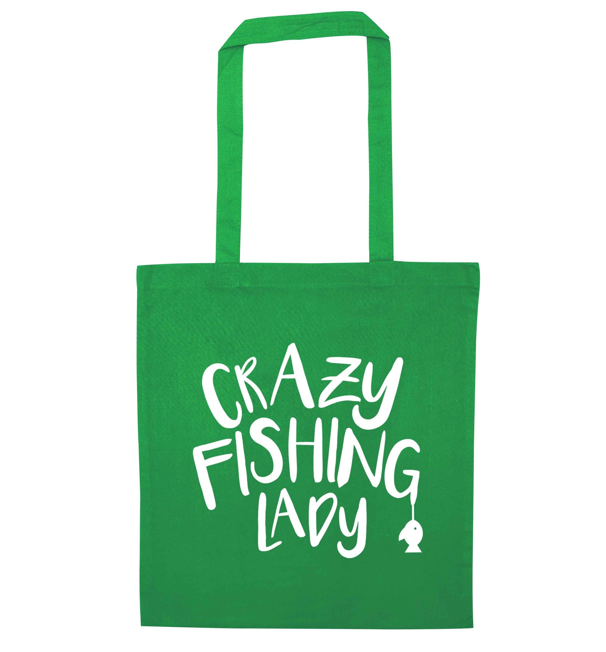 Crazy fishing lady green tote bag