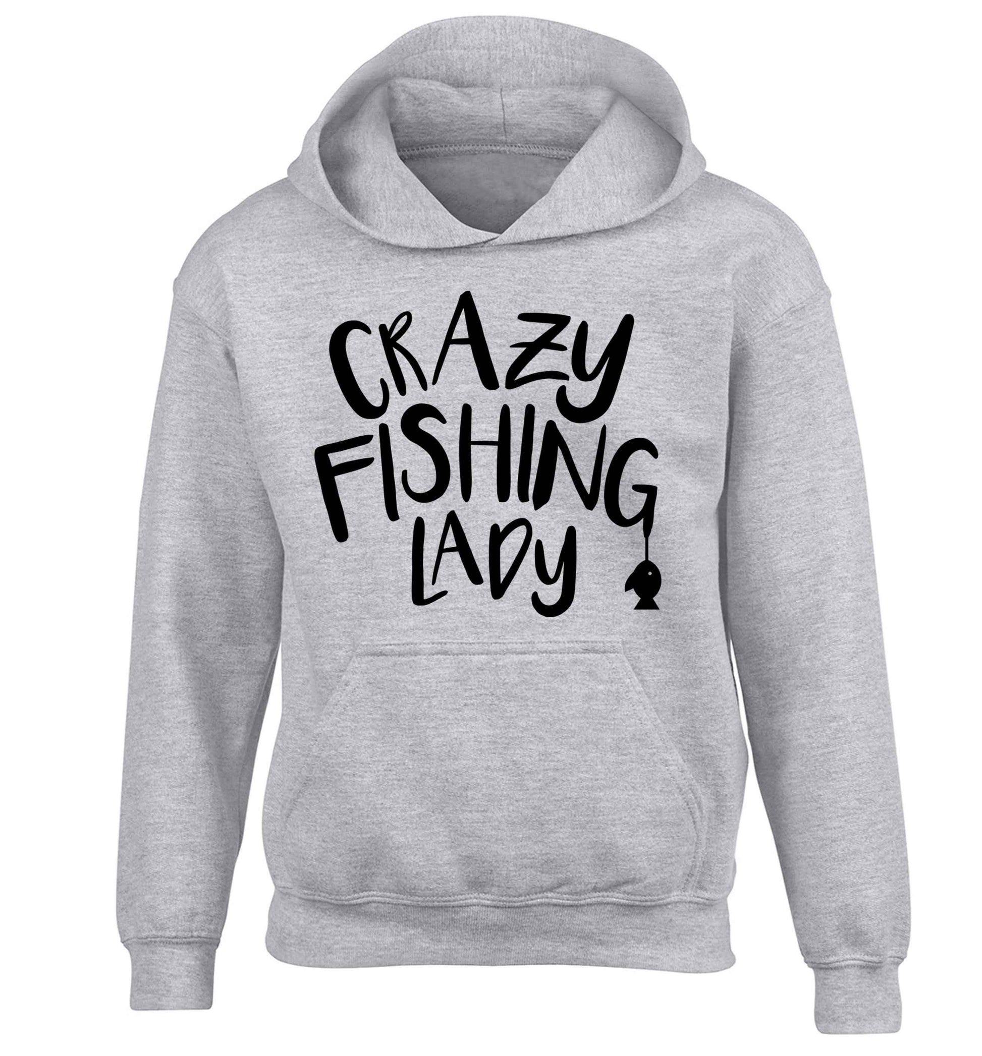 Crazy fishing lady children's grey hoodie 12-13 Years