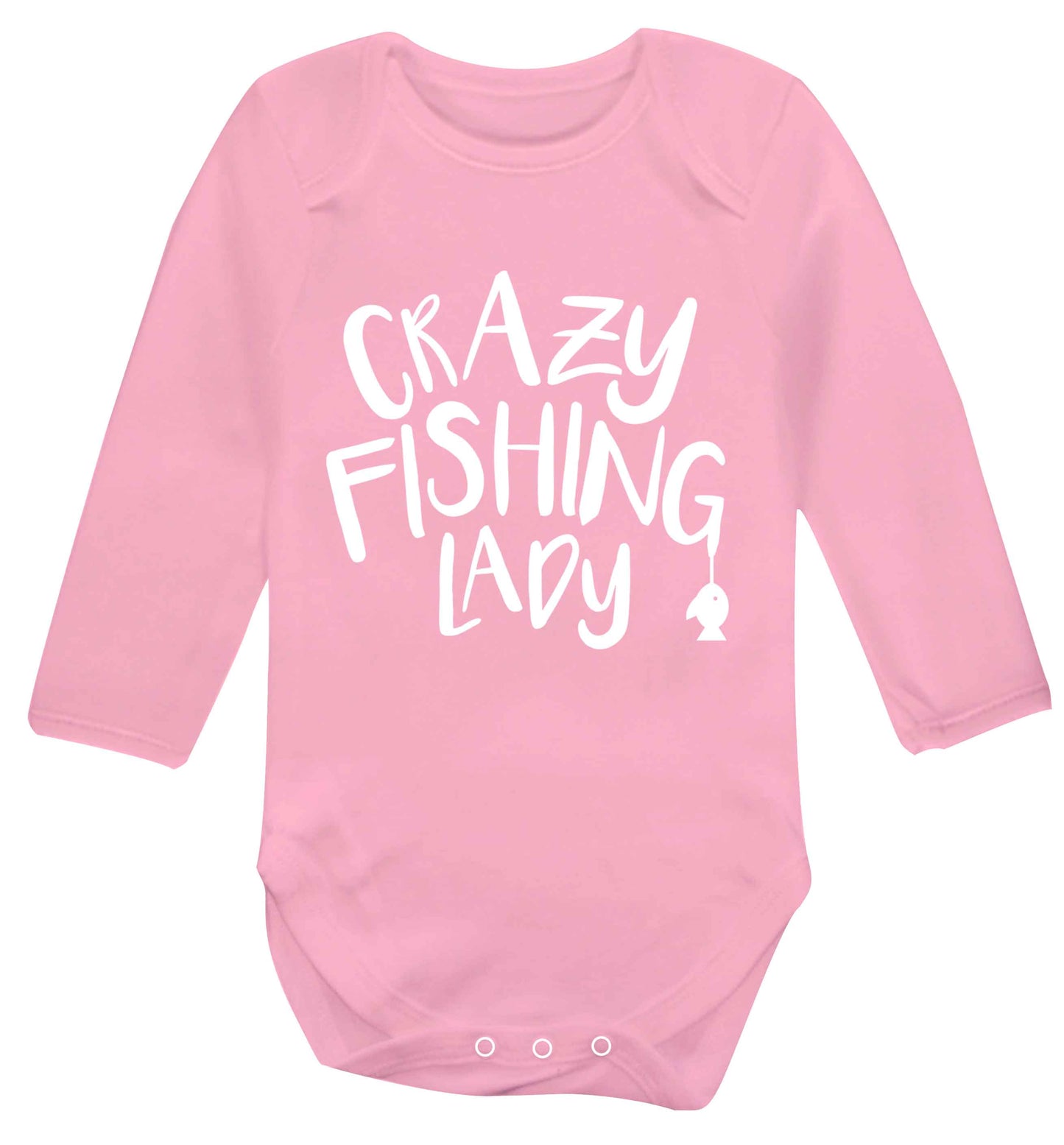 Crazy fishing lady Baby Vest long sleeved pale pink 6-12 months