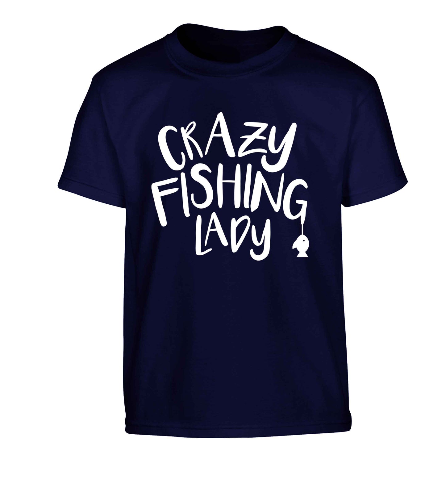 Crazy fishing lady Children's navy Tshirt 12-13 Years