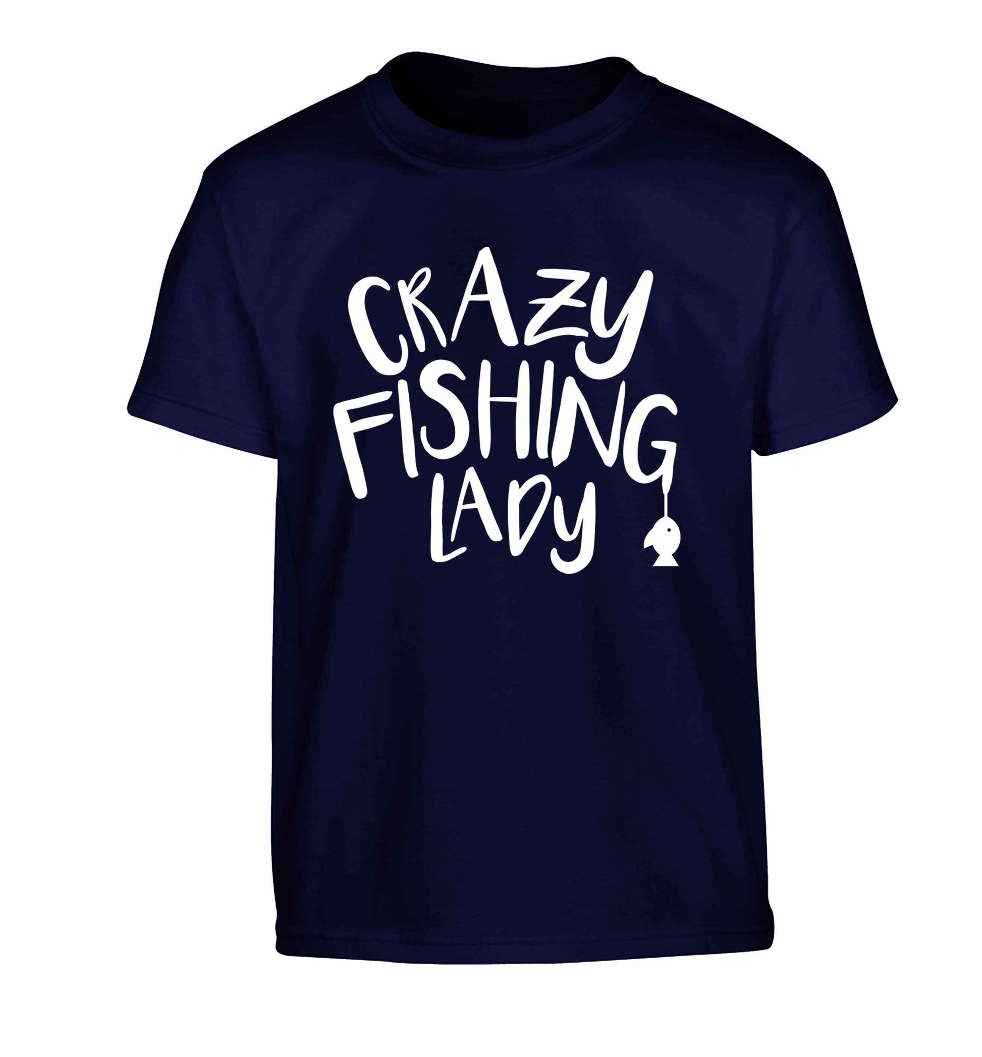 Crazy fishing lady Children's navy Tshirt 12-13 Years