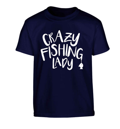Crazy fishing lady Children's navy Tshirt 12-13 Years