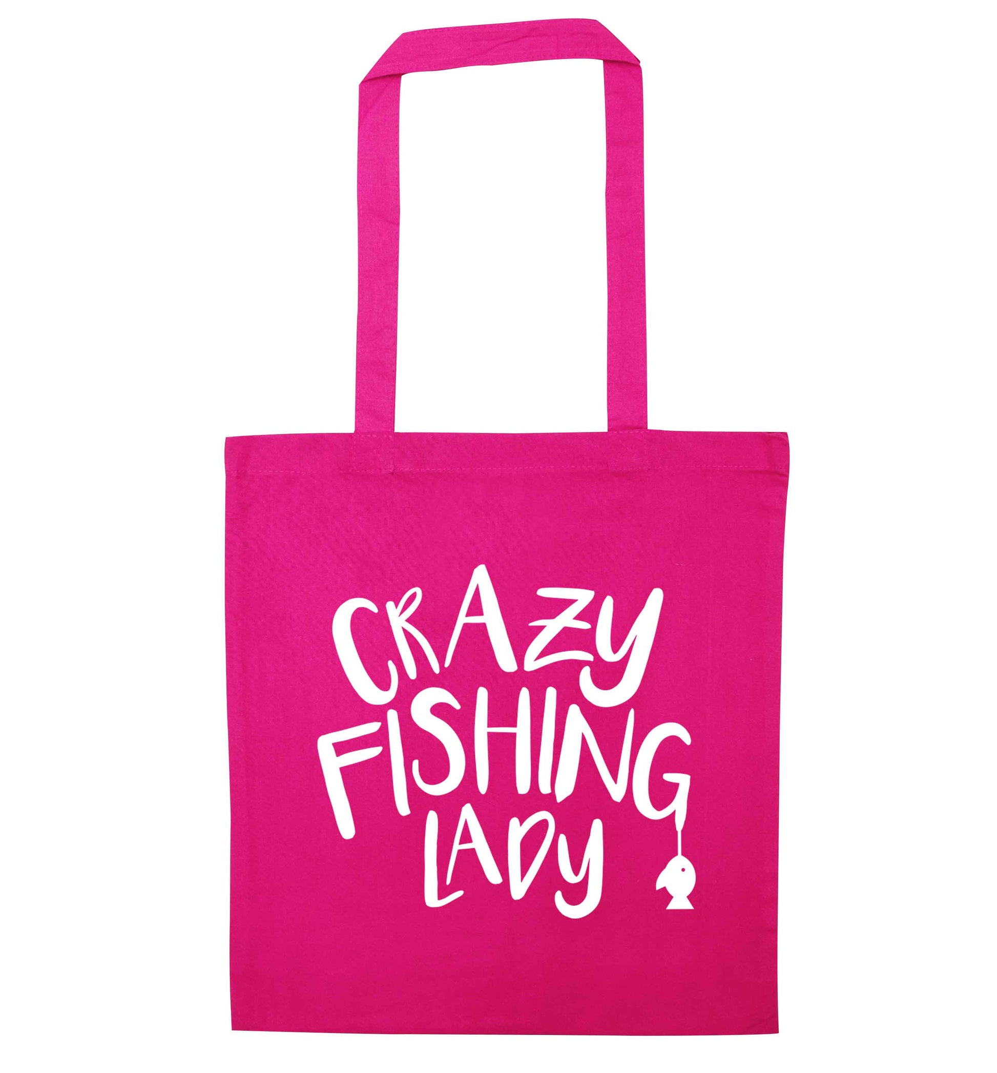 Crazy fishing lady pink tote bag