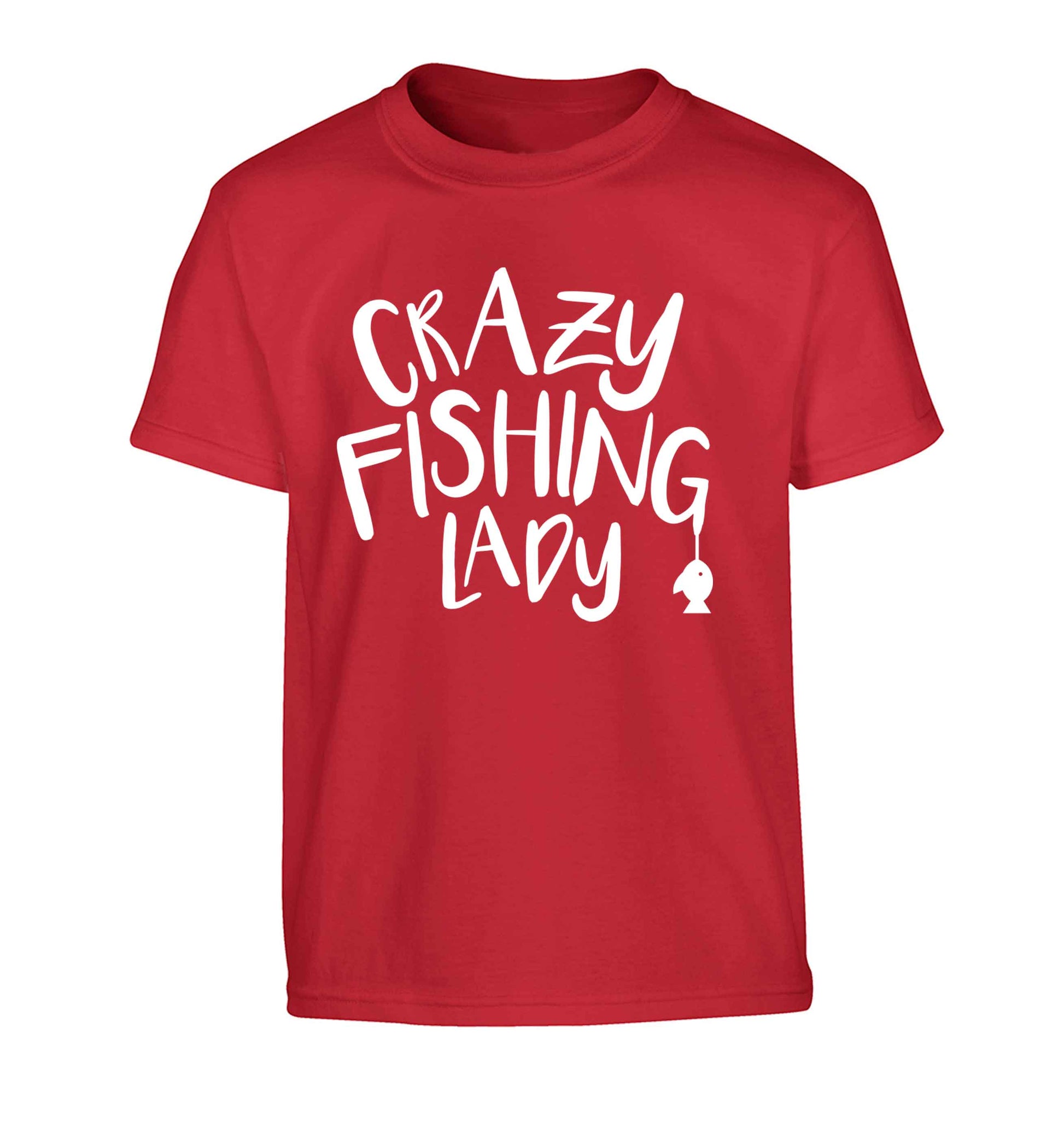 Crazy fishing lady Children's red Tshirt 12-13 Years
