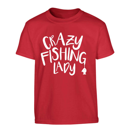 Crazy fishing lady Children's red Tshirt 12-13 Years