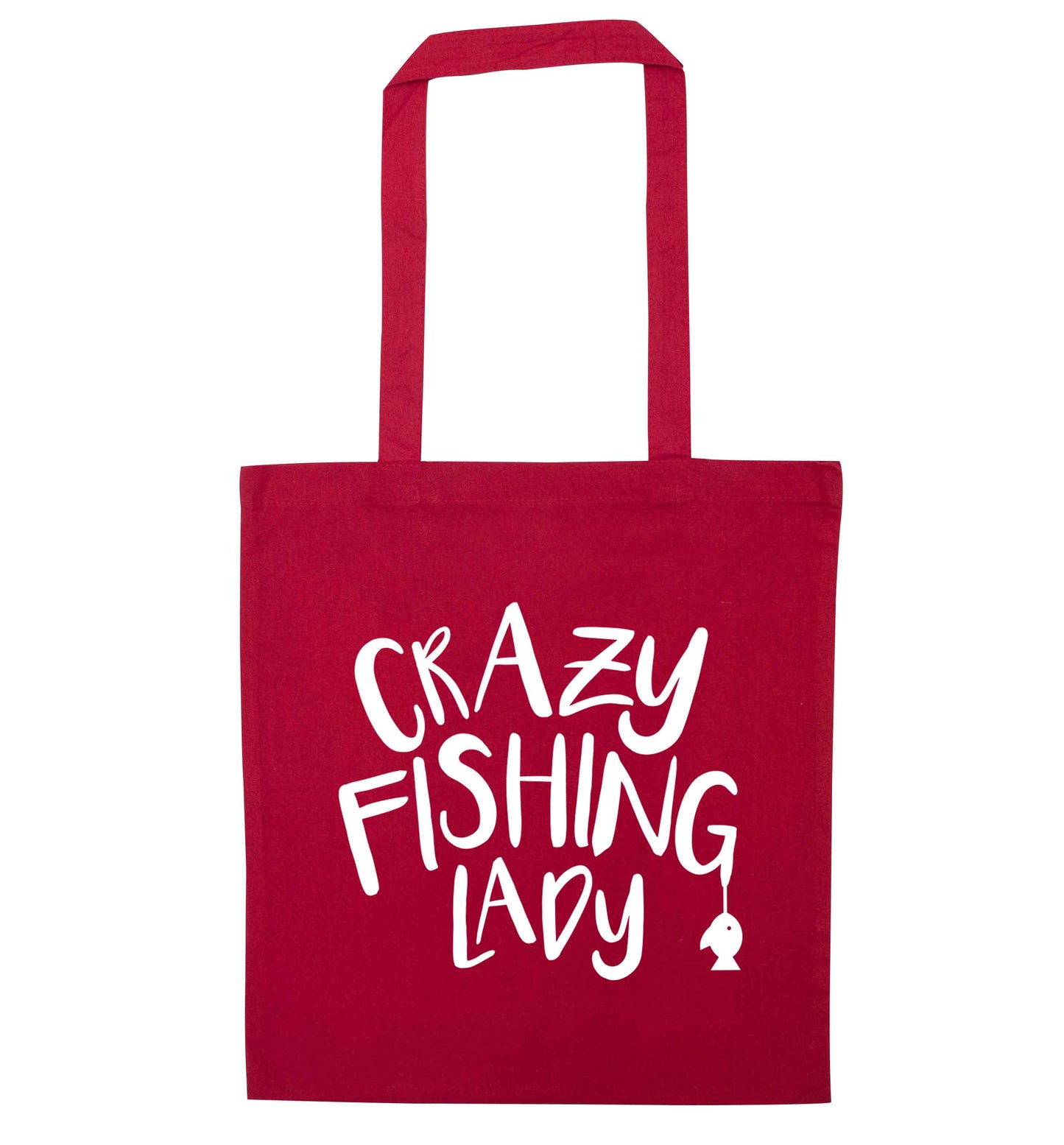 Crazy fishing lady red tote bag