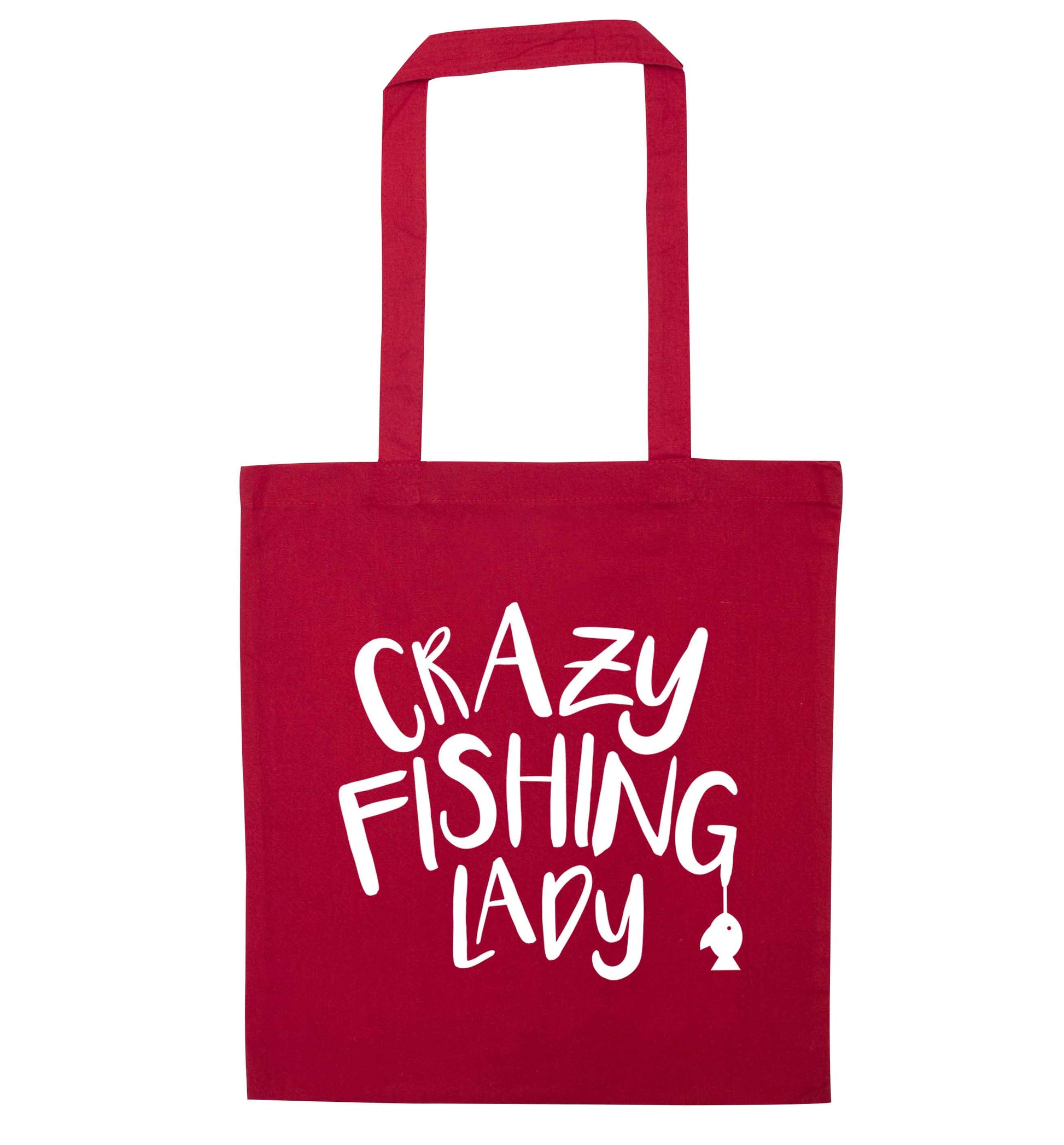 Crazy fishing lady red tote bag