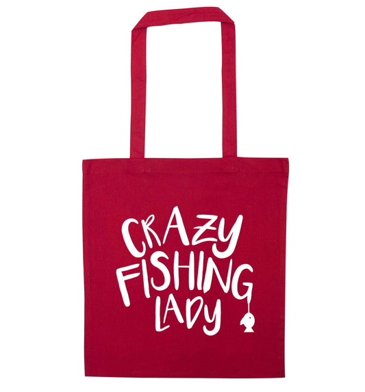Crazy fishing lady red tote bag