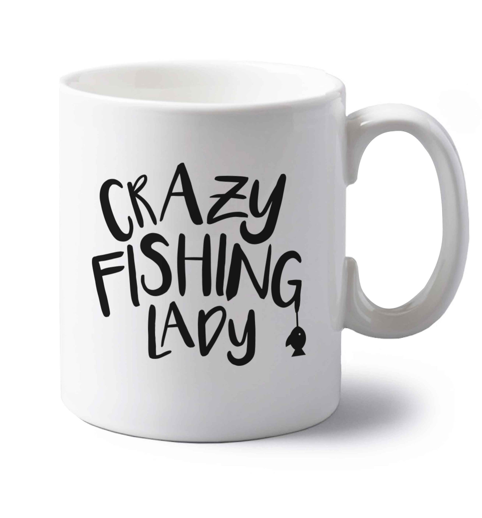 Crazy fishing lady left handed white ceramic mug 