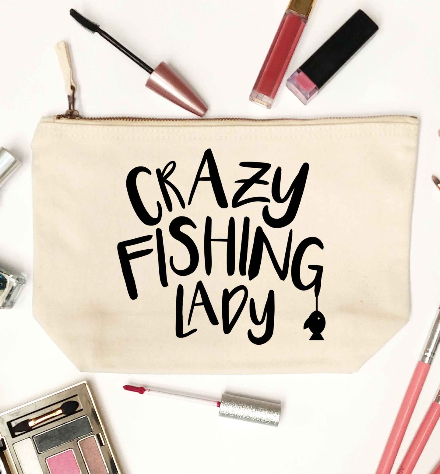 Crazy fishing lady natural makeup bag