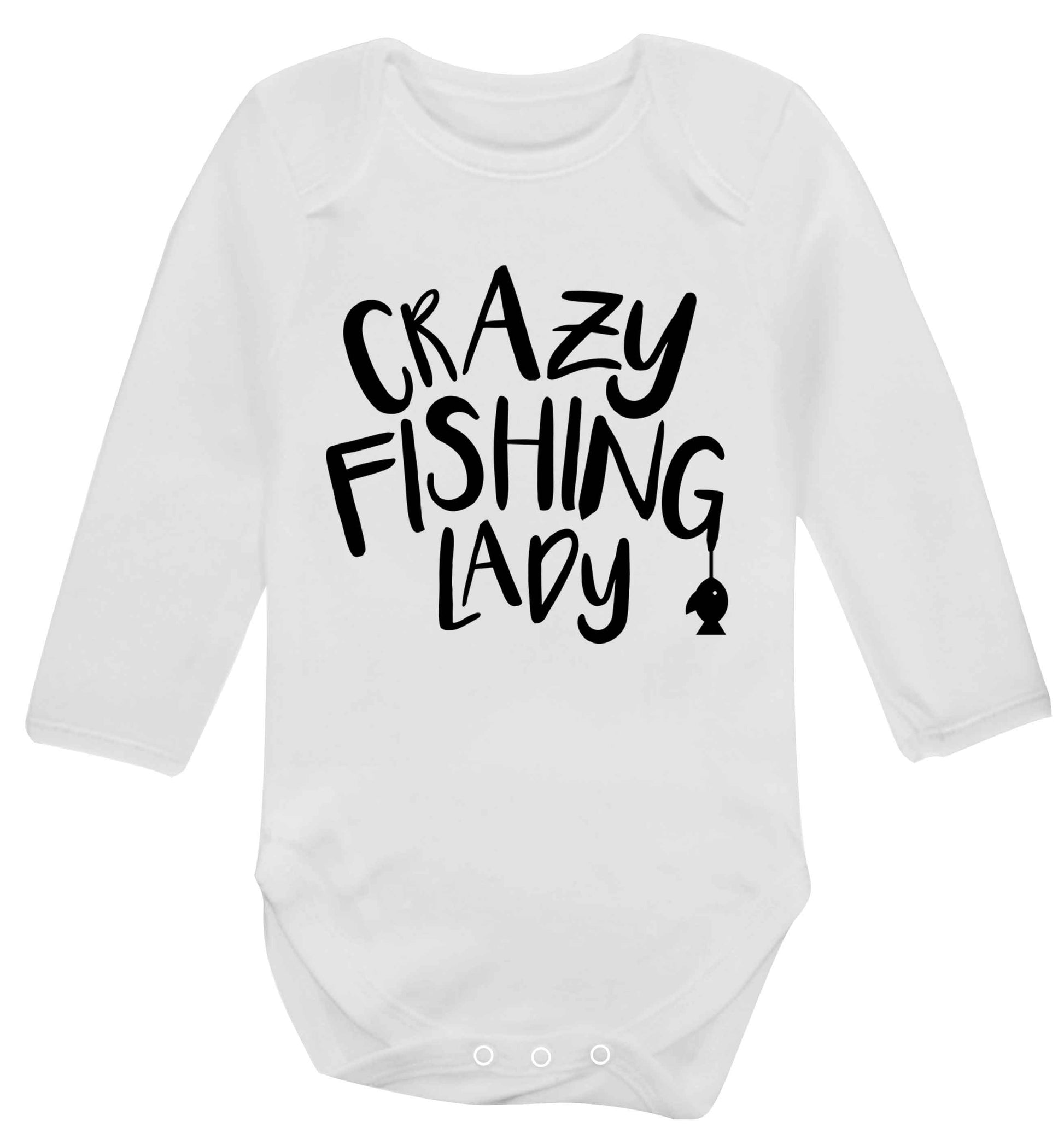 Crazy fishing lady Baby Vest long sleeved white 6-12 months