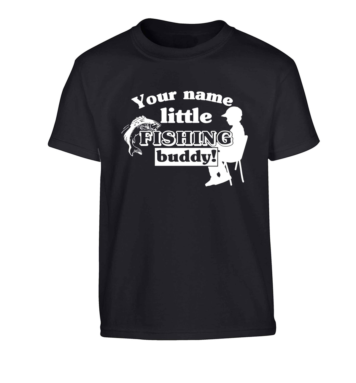 Personalised little fishing buddy Children's black Tshirt 12-13 Years