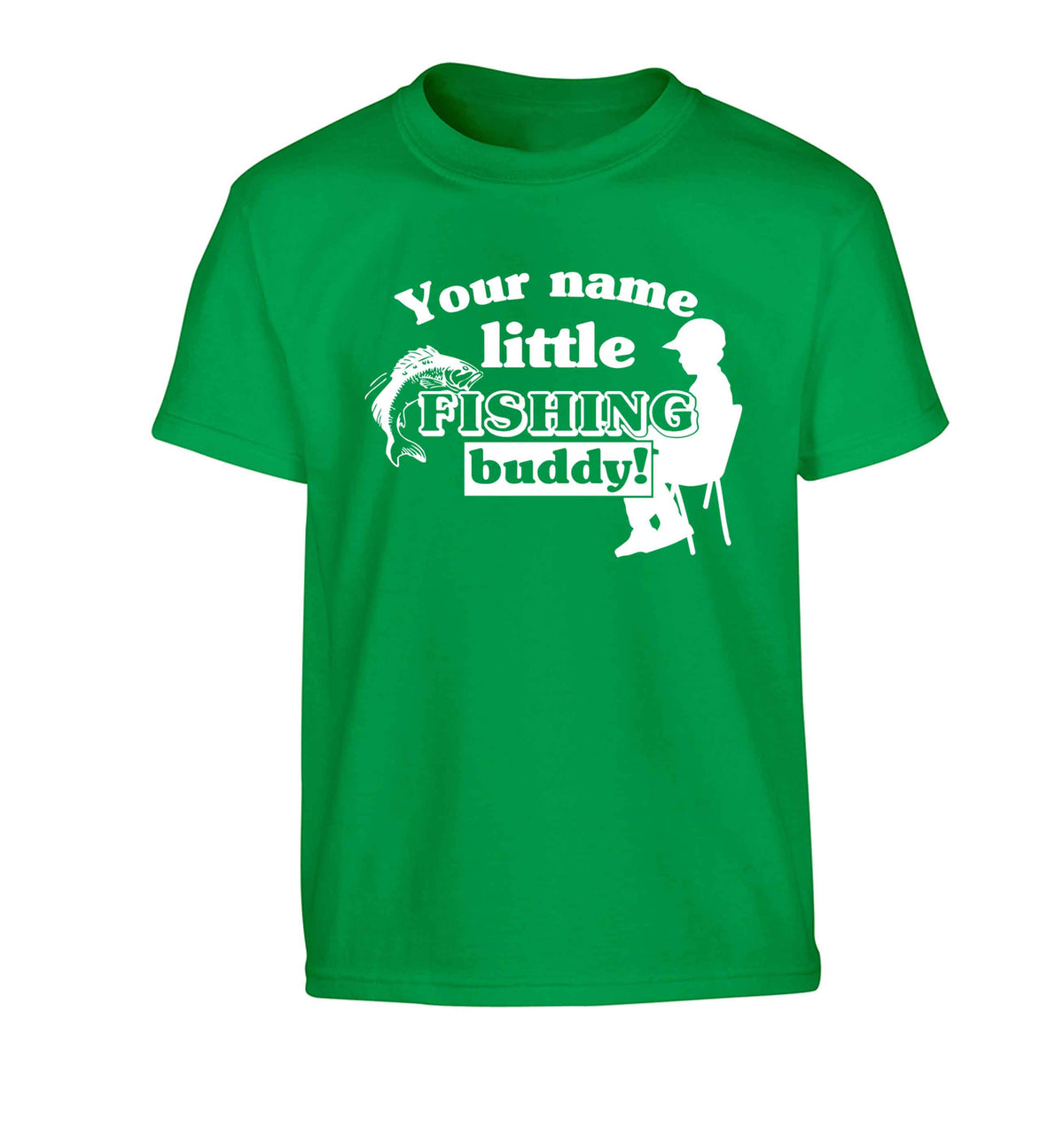 Personalised little fishing buddy Children's green Tshirt 12-13 Years