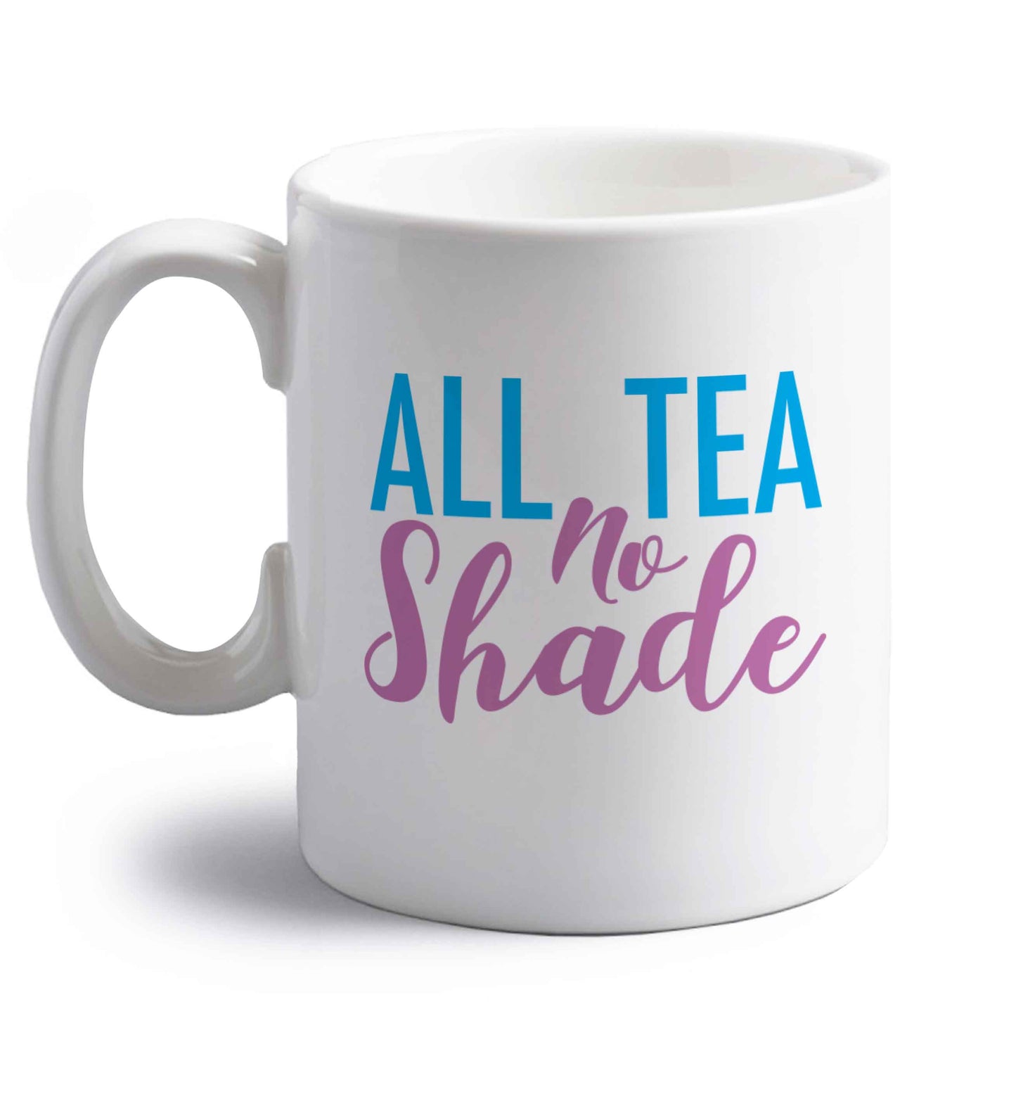 All tea no shade right handed white ceramic mug 