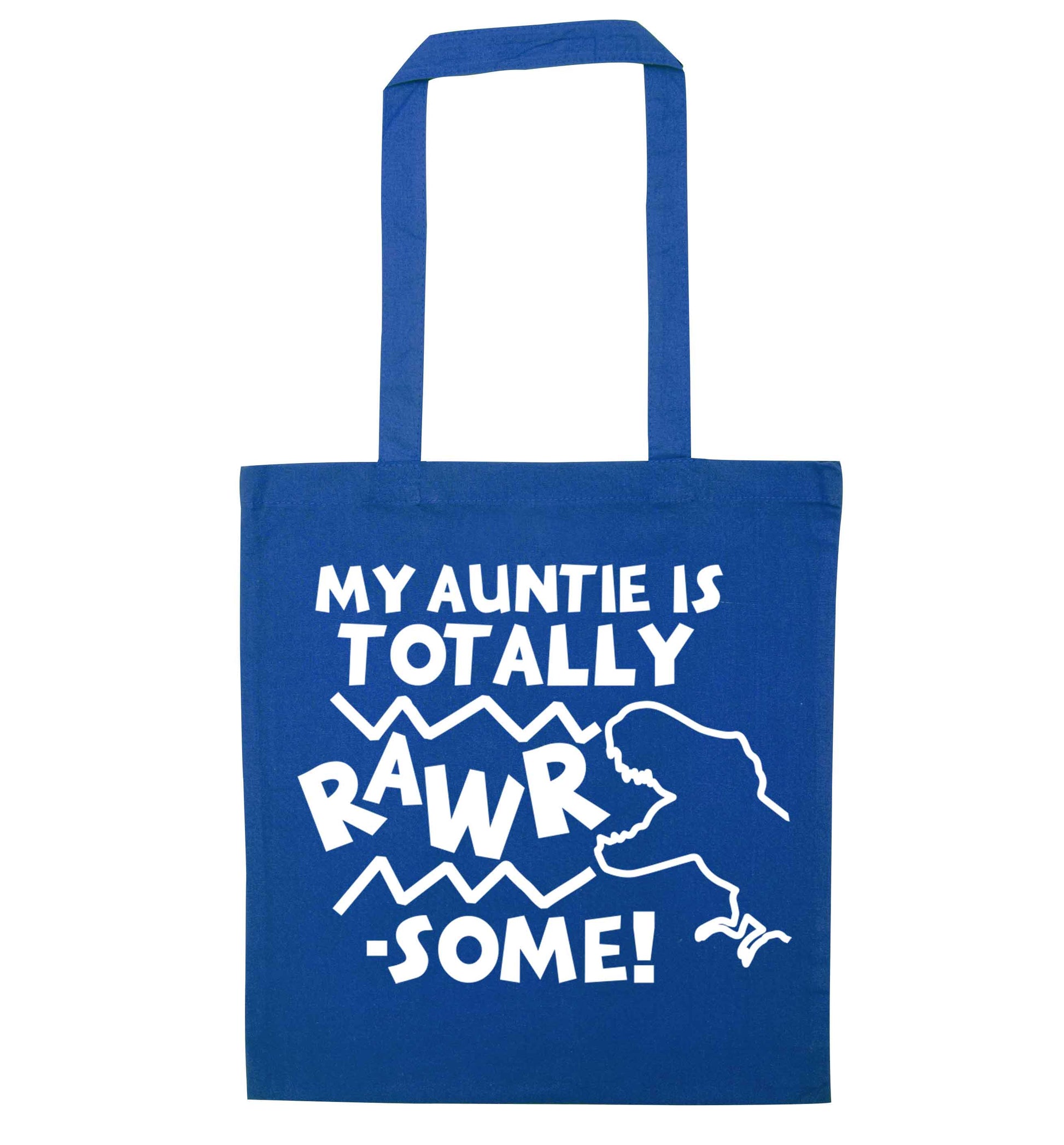 My auntie is totally rawrsome blue tote bag