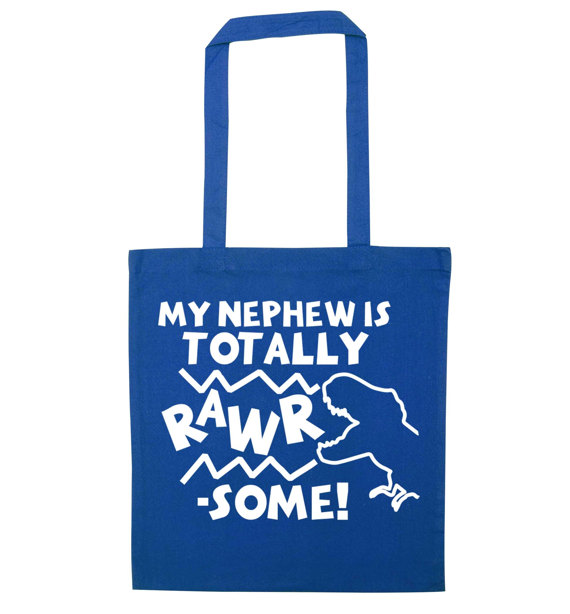 My nephew is totally rawrsome blue tote bag