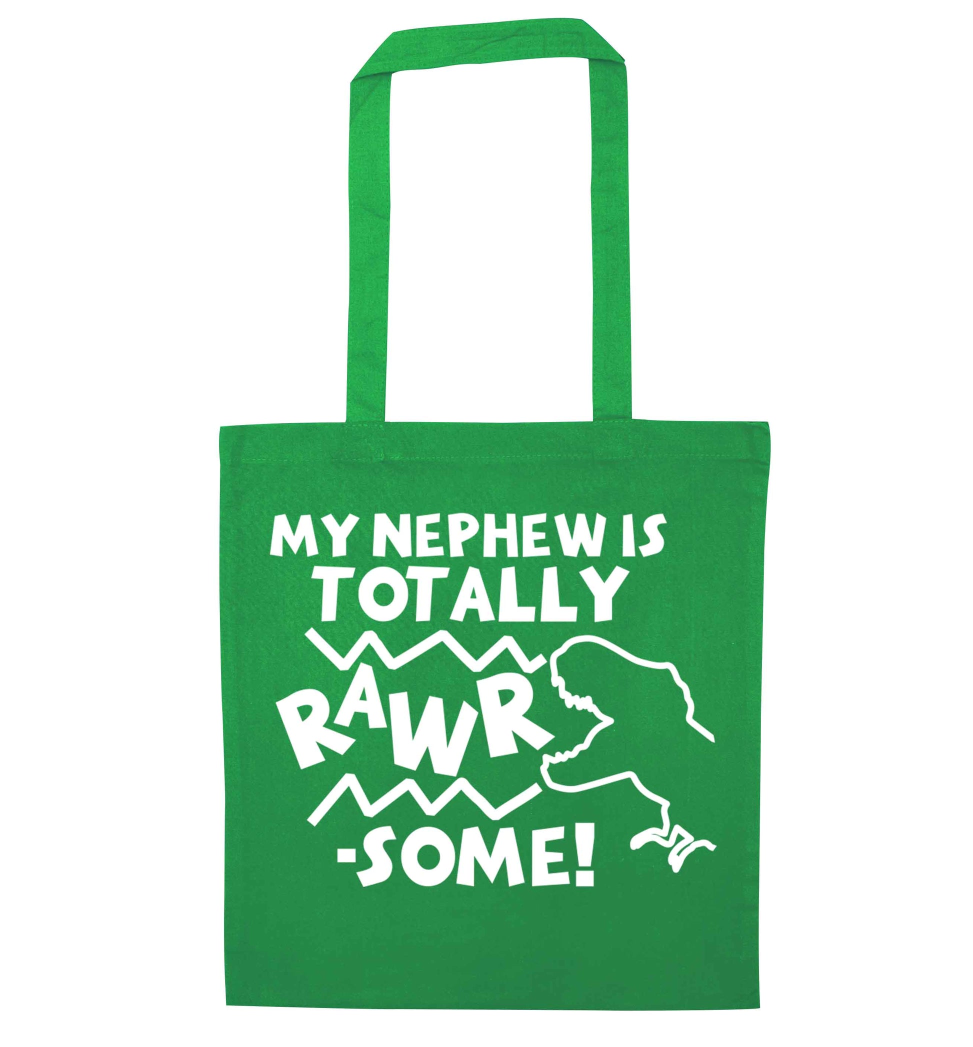 My nephew is totally rawrsome green tote bag